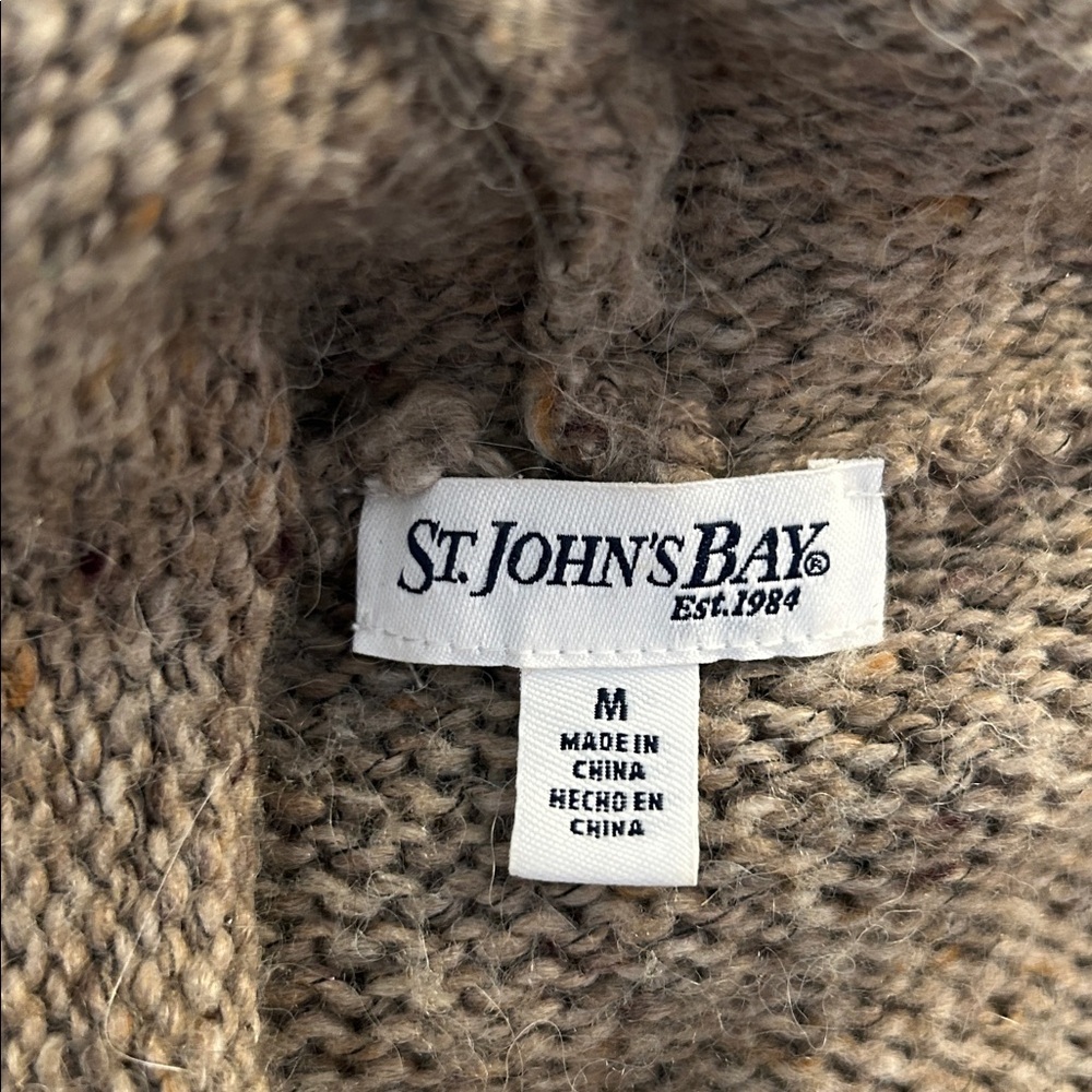 St. John's Bay Tan Knit Fair Isle Norway Style Faux Fur Hoodie Button Sweater - Picture 6 of 7